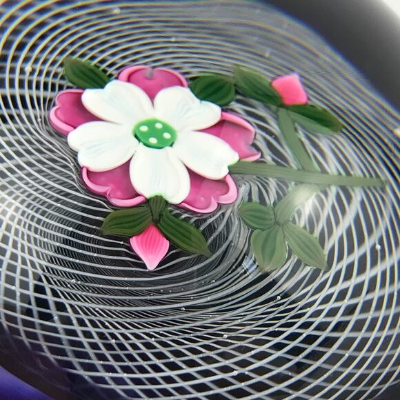 Perthshire 1991E Pink and White Rose Lampwork Flower Latticinio Dome Paperweight - Picture 13 of 13